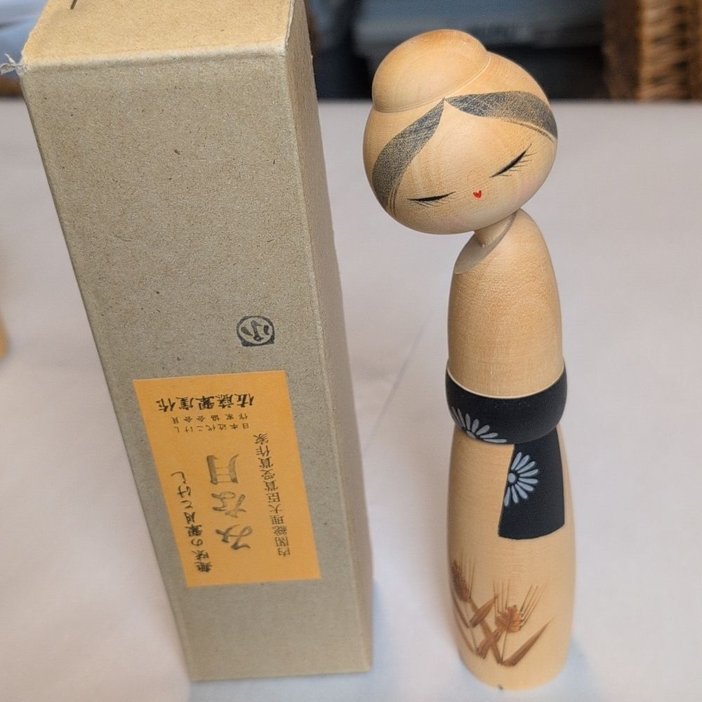 Vintage Handmade Wooden 9" Kokeshi Doll Figurine with Original Box Collectible